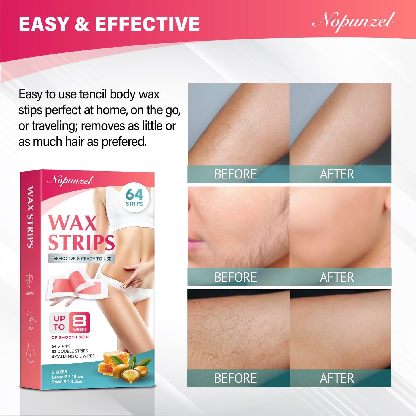 Wax Strips for Hair Removal - 64 Waxing Strips & 4 Calming Oil Wipes | At-Home Brazilian Waxing Kit for Women - Body, Legs, Arms, Bikini