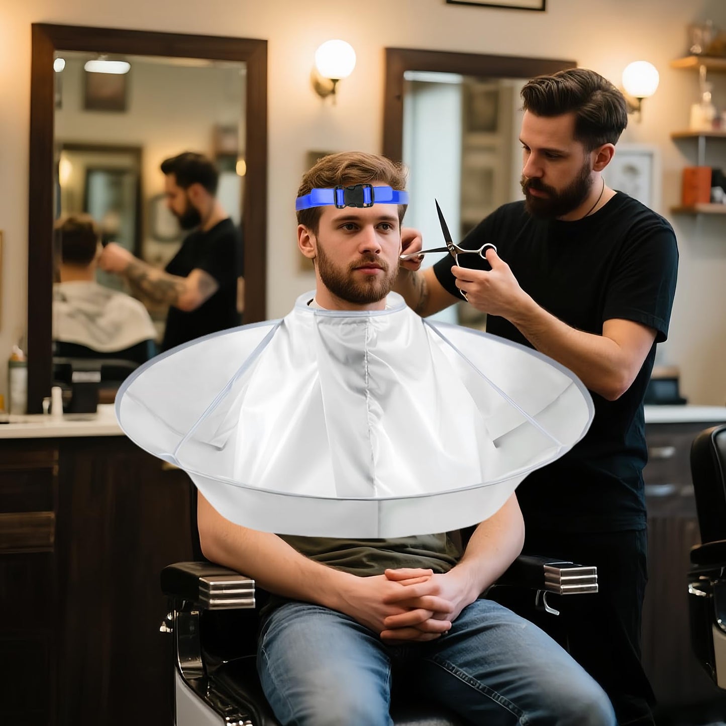 Qiuruoo Self Haircut Cape Kit for Men，Fade Guide for Men Haircut，Hair Cutting Kit Includes Hair Cutting Cape, Adjustable Hair Trimming Guide, Comb，for Adults and Kids, Salon and Home Use(Blue)