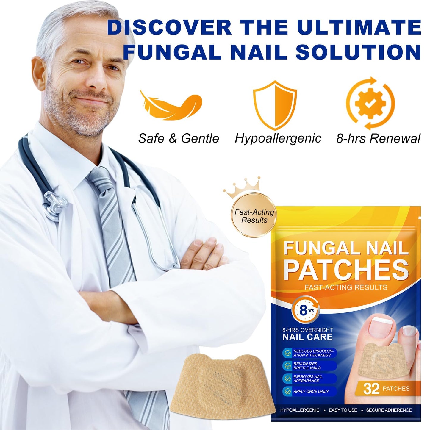 Nail Treatment Patches, 64Pcs(2 Pack) Discolored Thickened Nails, 8Hour Nightime Extra Strength Repair Nail Renewal Waterproof for women men