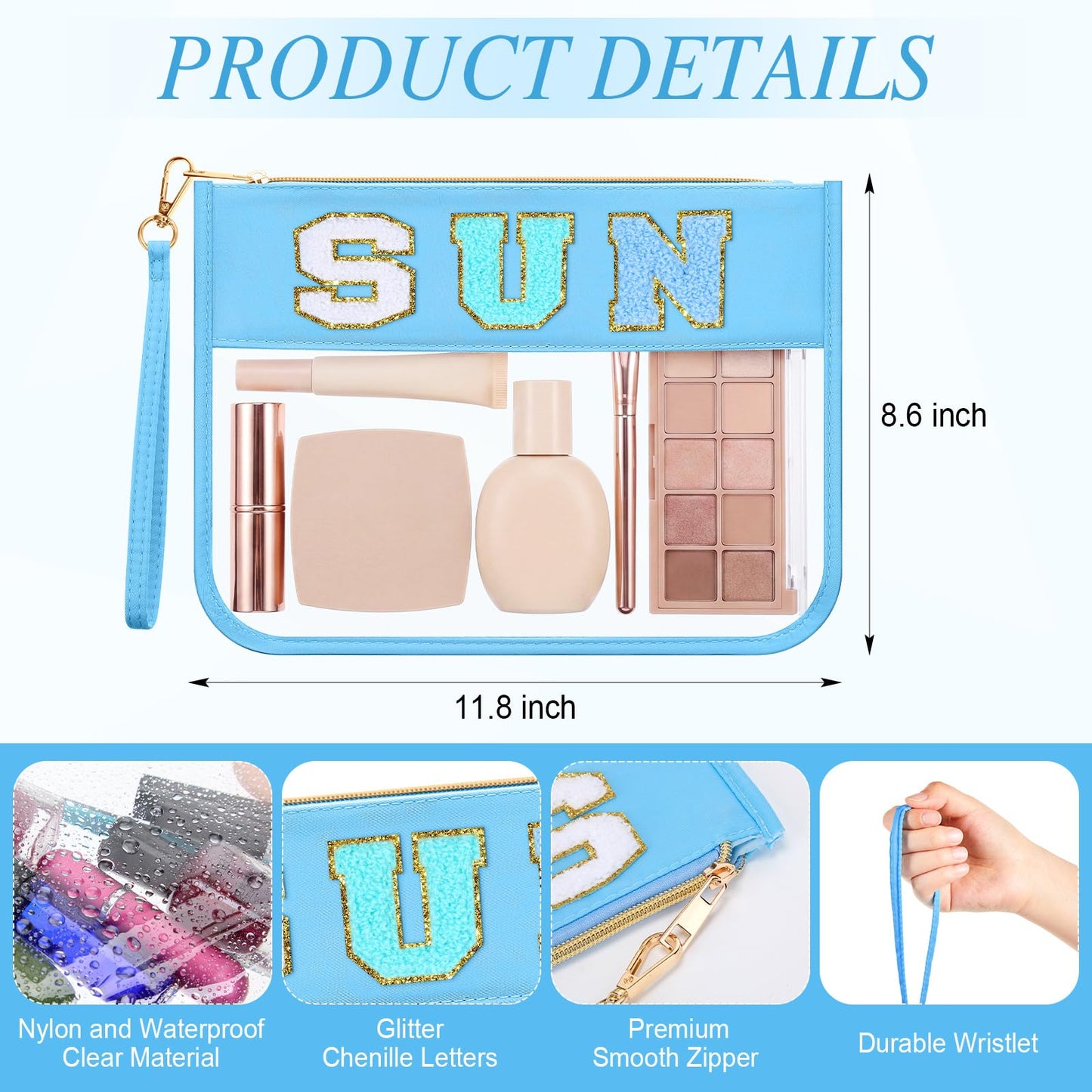 Kacctyen 6 Pcs Sun Bags Chenille Letter Clear Makeup Bag with Zipper Waterproof Cosmetic Toiletry Pouch with Handle Gym Travel Summer Gifts for Women Girls(Blue, SUN)