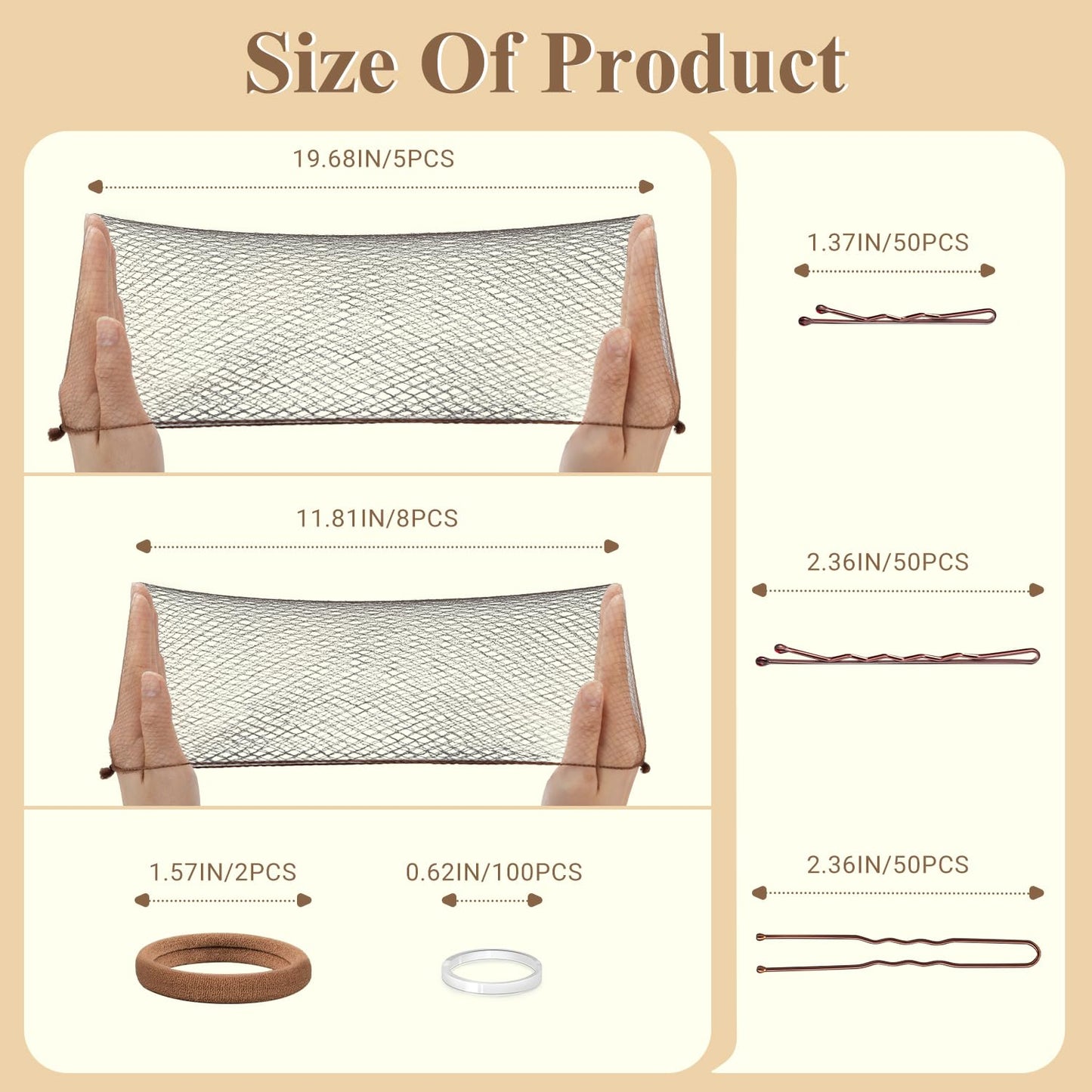 Bobby Pins and Hair Nets Set - Invisible Hair Accessories for Ballet Buns | U Pins, Elastic Bands, Clear Rubber Bands (11.81 & 19.86 in)