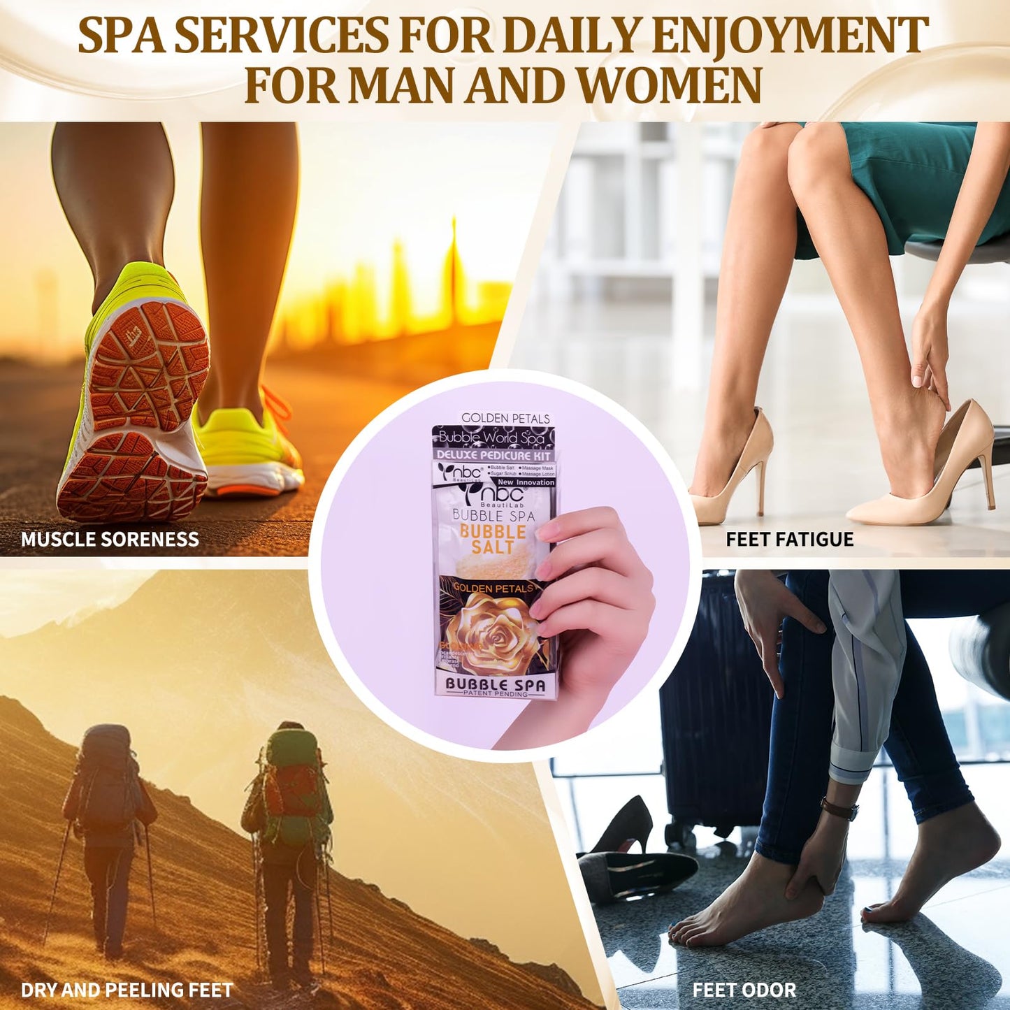 nbc BeautiLab Pedicure Kit Foot Soak Set: Bubble Salt, Sugar Scrub, Massage Mask, Massage Lotion in a Box, 4 Step Foot Spa Kit for Dry Feet,Tired Feet（3 Set Golden petals)