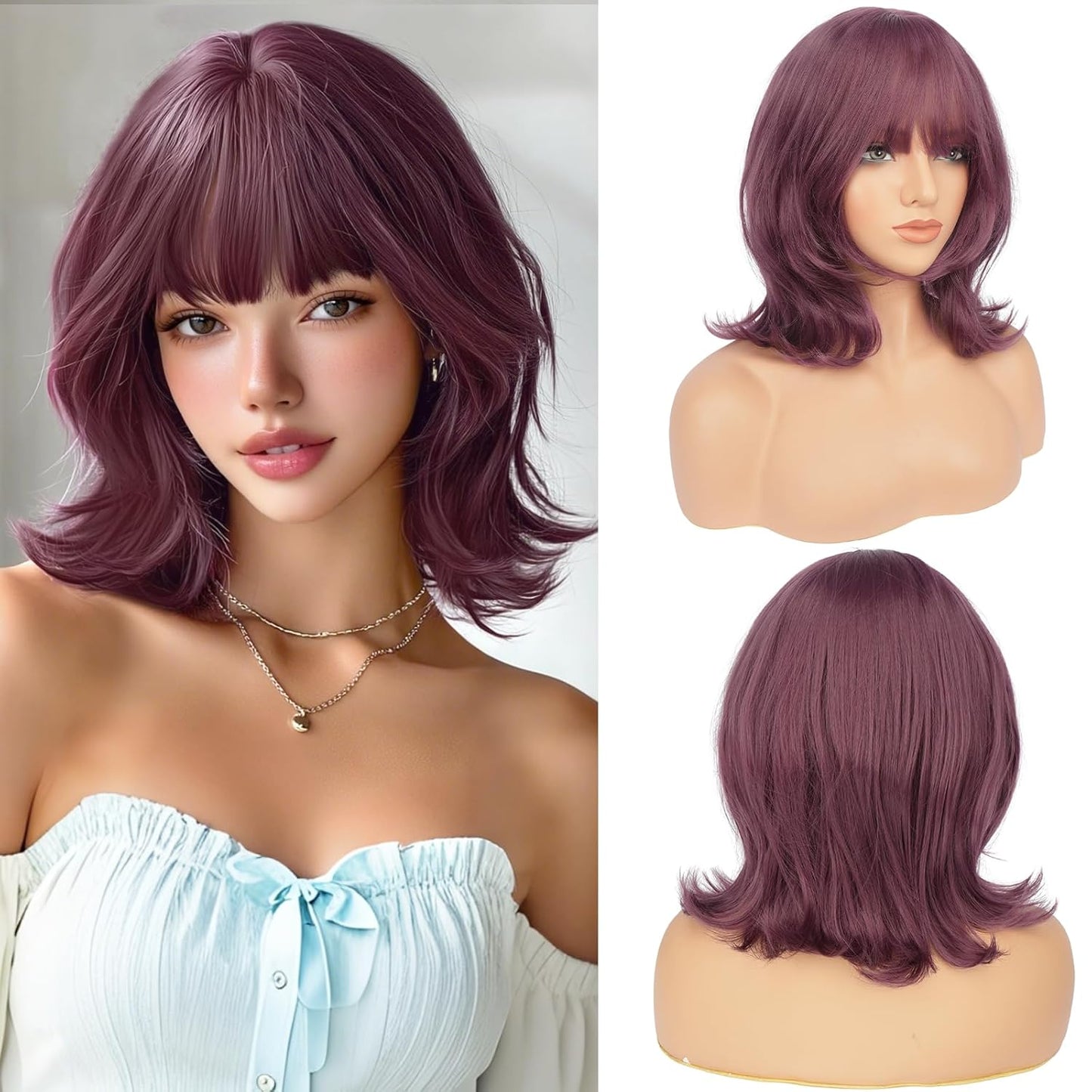 Brown Short Bob Wig with Bangs - Wavy Layered Synthetic Hair for Women | 14 Inch Natural Look with Highlights