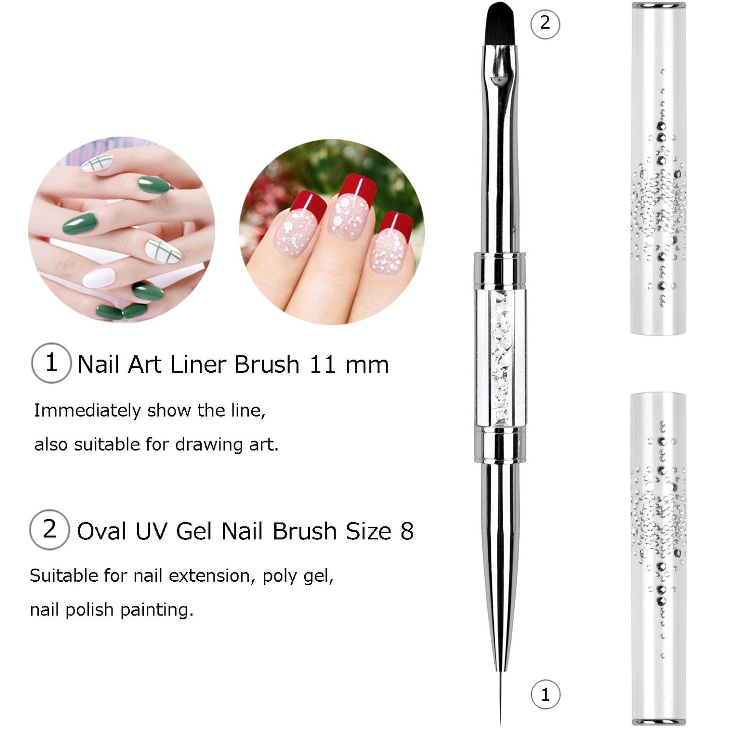 Ycyan 1Pcs Dual-ended UV Builder Gel Nail Brush Rhinestone Handle Nail Art Liner Brush Polygel Hard Gel Nail Brushes White