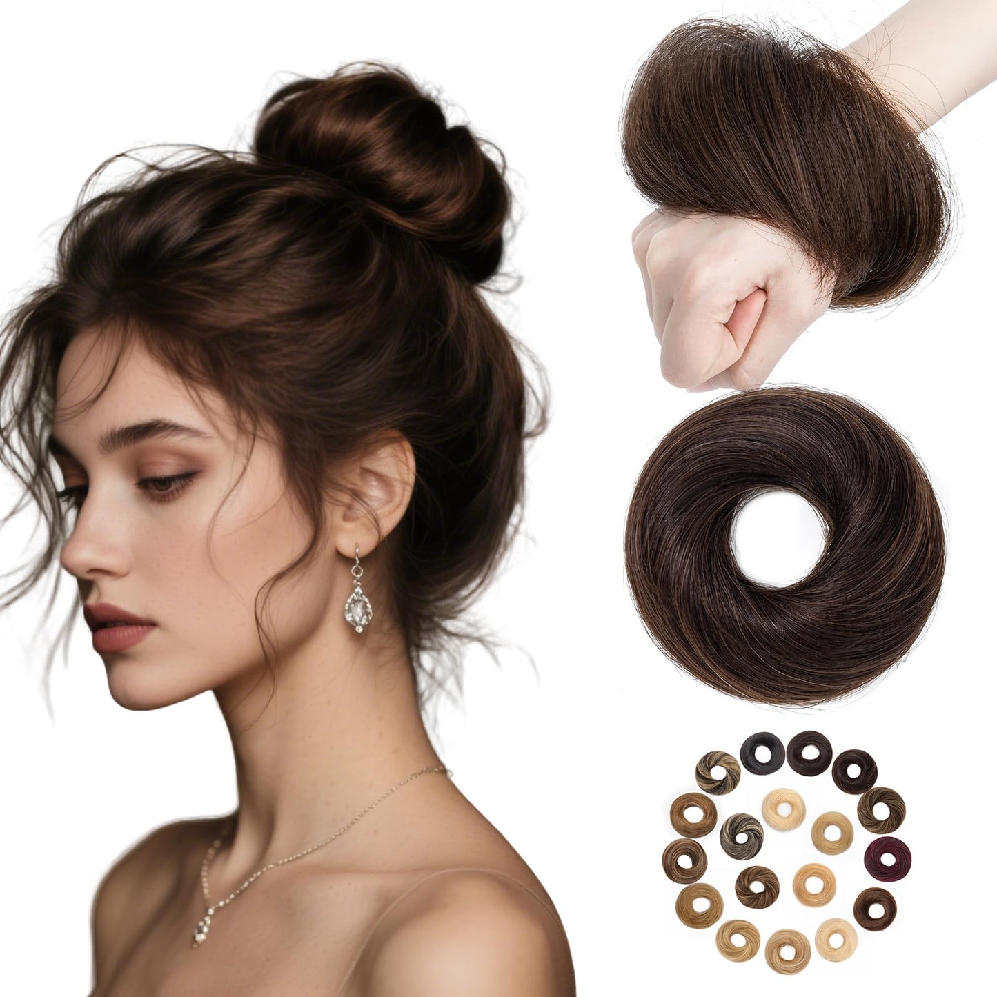prokyvity Messy Bun Hair Piece Human Hair, Human Hair Messy Bun Hair Piece for Women,100% Real Hair Bun Wig,Invisible Light and Soft Straight-02 Dark Brown