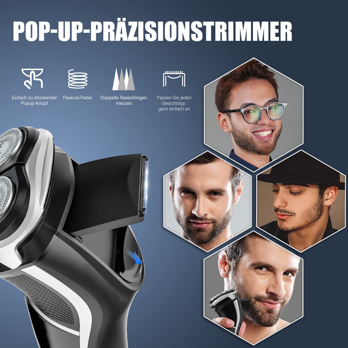 Electric Shaver Razor for Men, MAX-T Quick Rechargeable Wet Dry Rotary Shaver with Pop Up Trimmer and LED Display, IPX7 100% Waterproof (8101 with USB Cable)