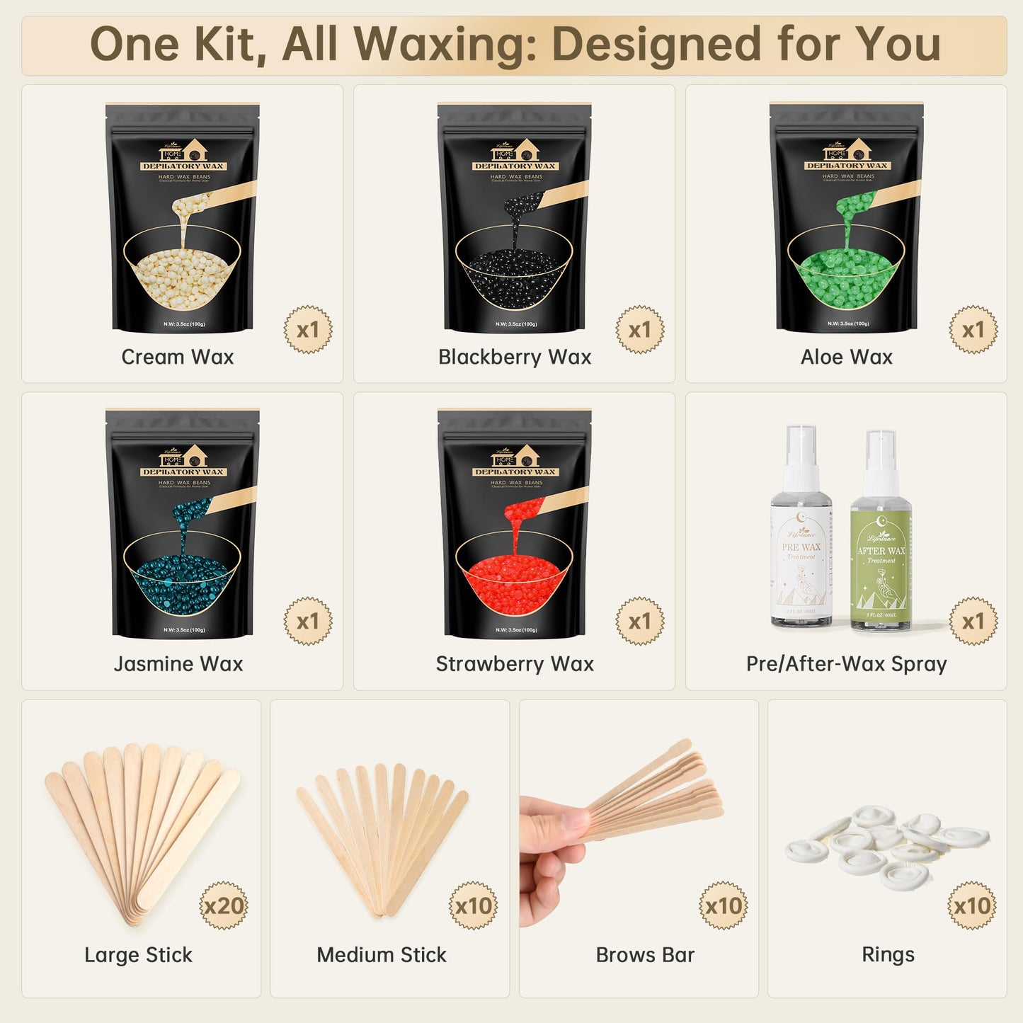 Lifestance Wax Beads Set, 5 Kinds of Waxing Beads, Hard Wax Beans with 57 Items Silicone Spatulas, Perfect for Any Waxing Warmers for Hair Removal for Bikini, Underarm, Eyebrow, Legs