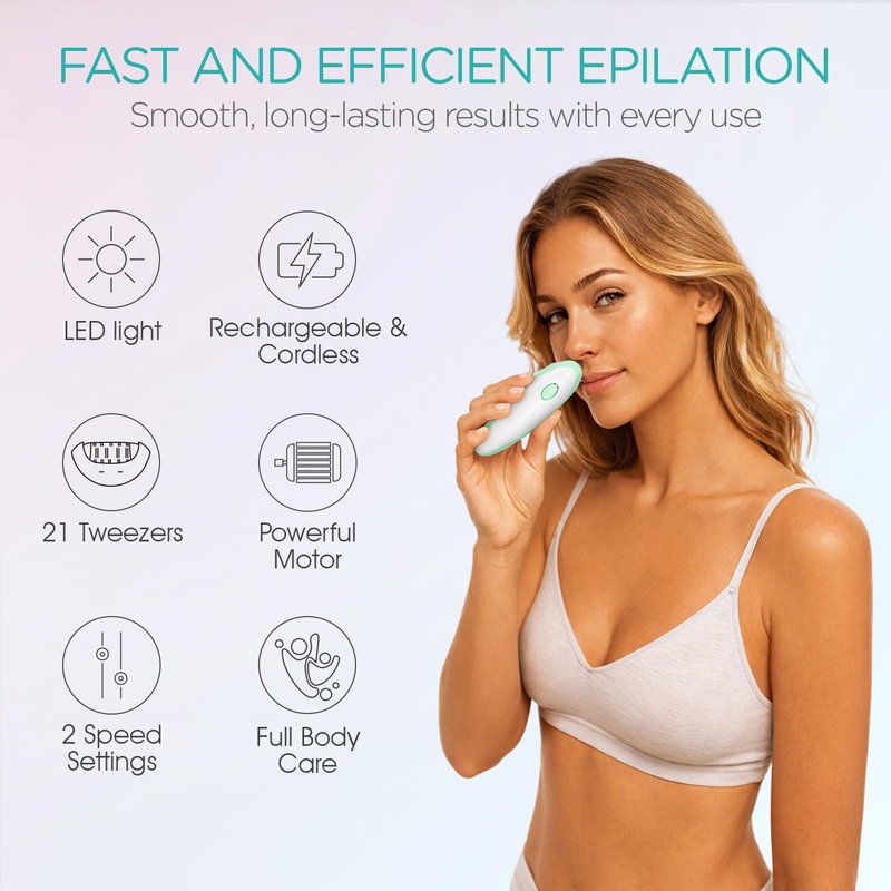 Epilators Hair Removal for Women with 21 Tweezers & LED Light, 2 Speeds Cordless Facial Hair Removal for Women, Electric Hair Removal Epilators Rechargeable for Arms, Legs, Face HR110 (Light Green)
