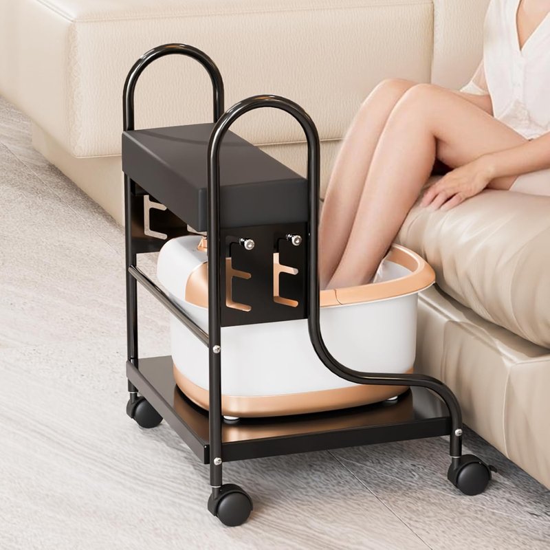Pedicure Cart - Adjustable Height Foot Bath Trolley with PU Cushion | Portable Nail Esthetician Cart for Manicure & Massage (Black)