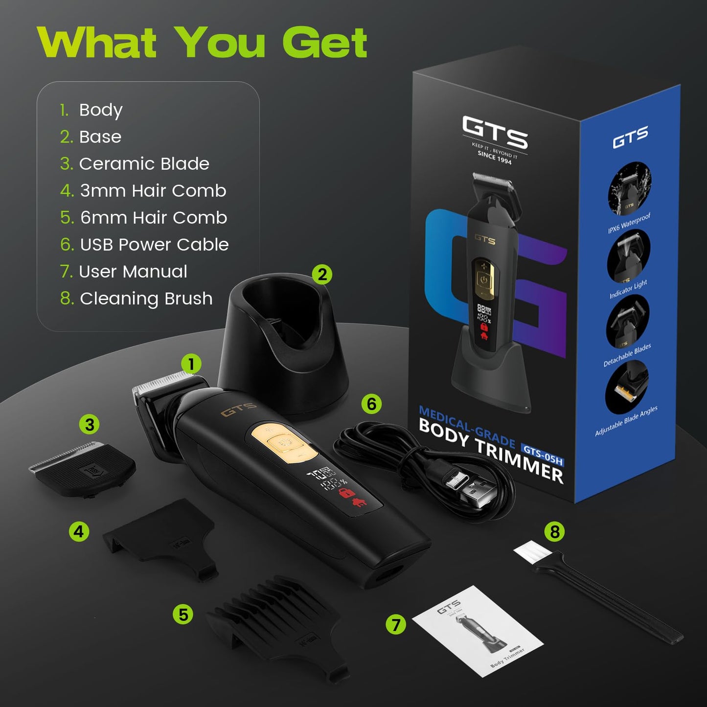 GTS PRO Electric Body Hair Trimmer for Men - Multi-Angle Ceramic Blade with LED Screen & 7000RPM Adjustable Speed, IPX6 Waterproof Pubic/Ball/Groin Shaver Kit, USB/Dock Charging, 90min Runtime, Box