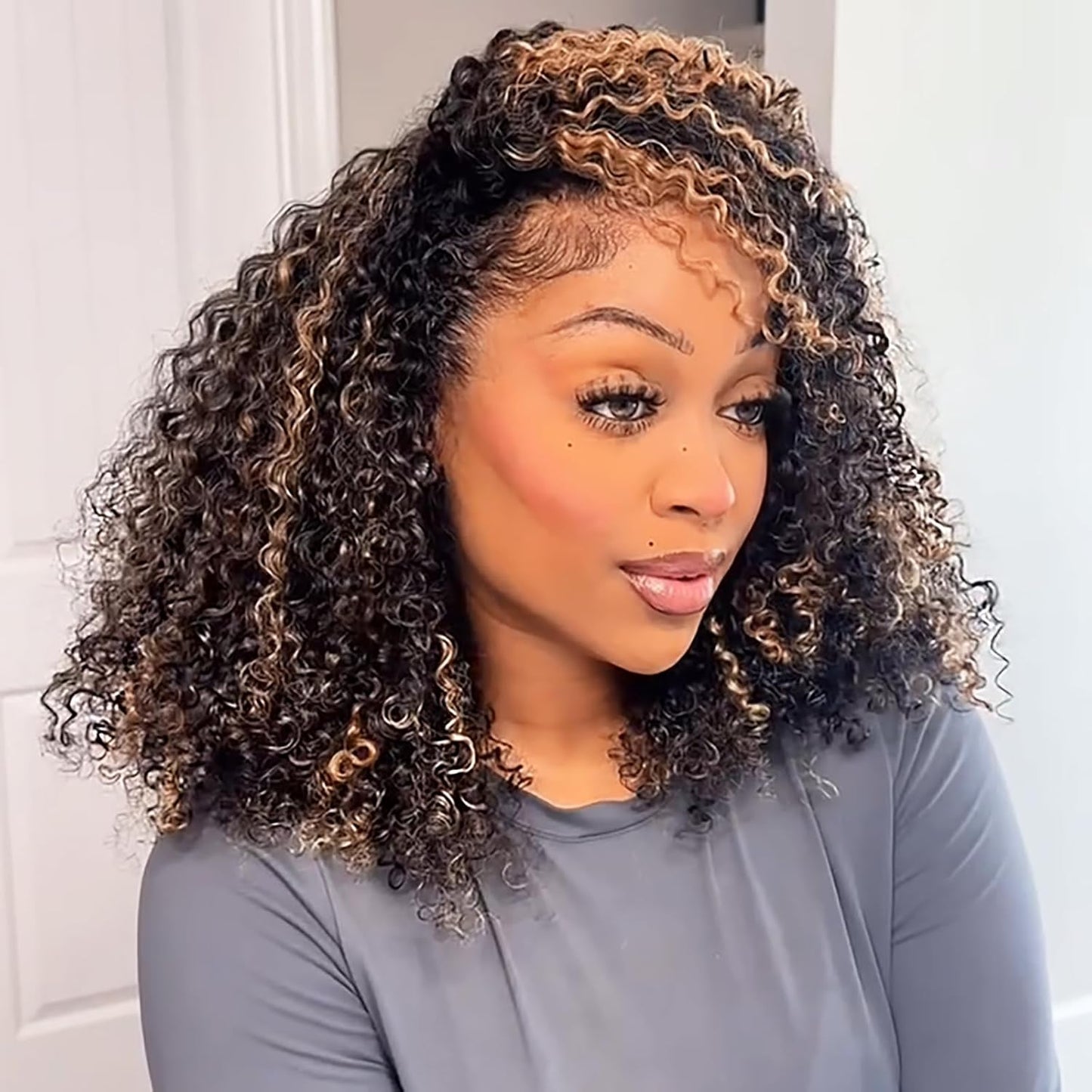 Kinky Curly Half Wig - 200 Density Human Hair | Seamless Glueless Design, 18-Inch Length, Beginner Friendly