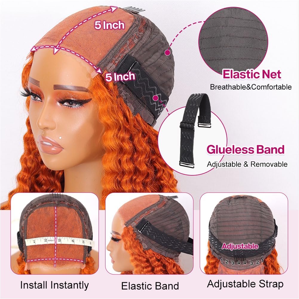 Curly Bob Wig - Human Hair Deep Wave 200% Density | 5x5 HD Lace Closure, Ginger Color, 14 Inch