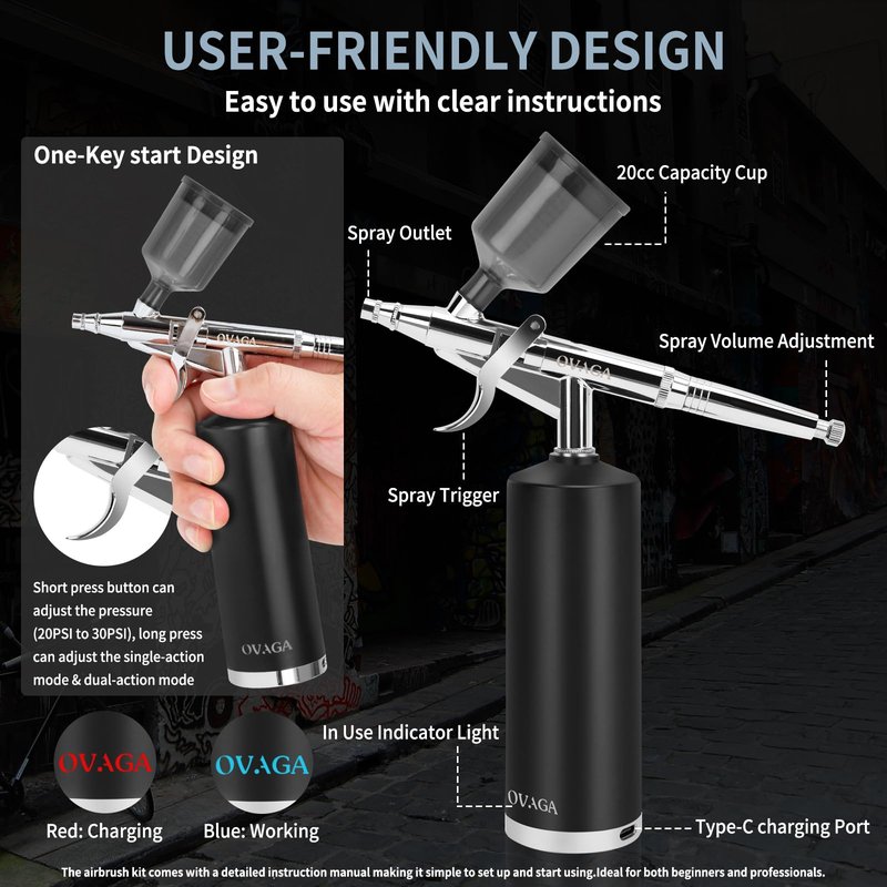 Ovaga 32PSI Airbrush Kit, Rechargeable Cordless Airbrush Compressor, Auto Handheld Airbrush Gun, Airbrush Set Portable Wireless Air Brush for Barber, Nail Art