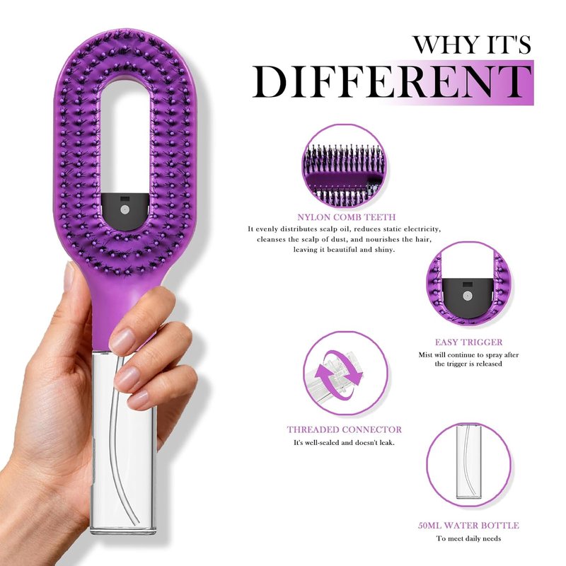 2-in-1 Detangler Hair Brush with Mister Spray - Wet & Dry Anti-Frizz Brush for Curly, Wavy & Straight Hair | 50ml Water Reservoir (Purple)
