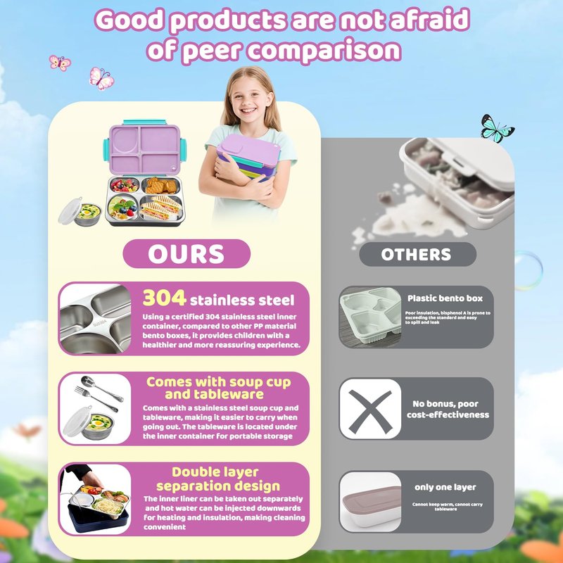 NaTuGi Kids Stainless Steel Lunch Box,304 Stainless Toddler Leak-Resistant Insulated Bento Box,Suitable For Schools,Office,Use Comes With An Independent Soup Cup,Tableware,4 Compartments (Purple)
