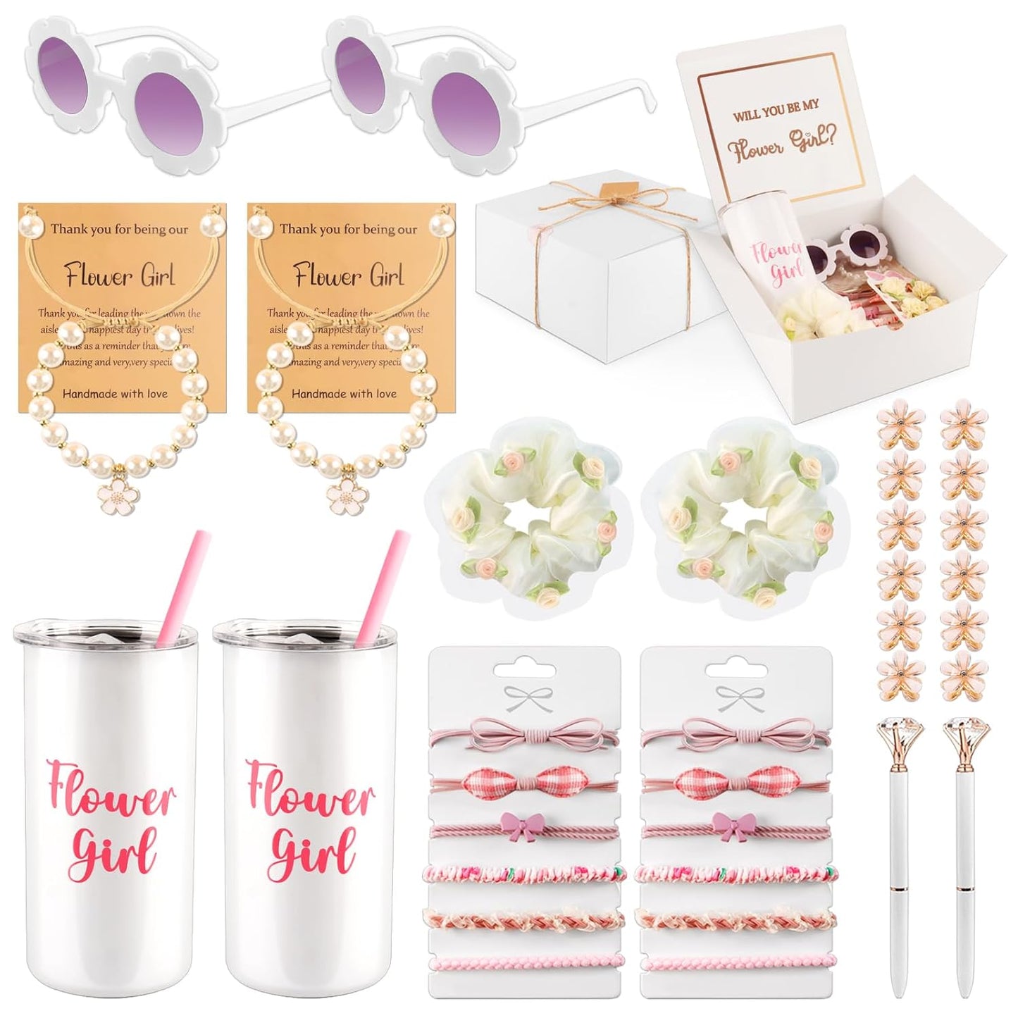 Flower Girl Proposal Gifts Set - 40pcs White Tumbler, Sunglasses, Pearl Bracelet & More | Perfect for Little Girls