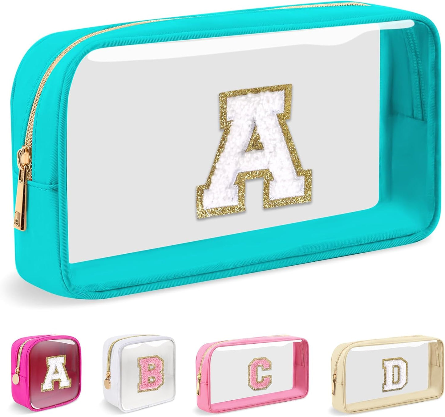 Personalized Initial Makeup Bag - Waterproof Nylon Cosmetic Pouch | A-Z Chenille Letter Patch, White-Pink G