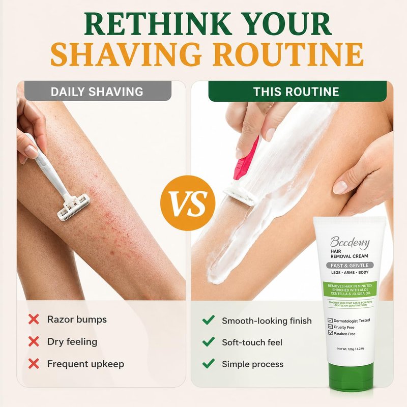 BCCDEUY Hair Removal Cream for Women & Men, Gentle Aloe, Jojoba Oil & Centella Formula for Legs, Arms, Chest, Underarms & Bikini Line, Smooth-Looking Skin, 4.2oz (120g)