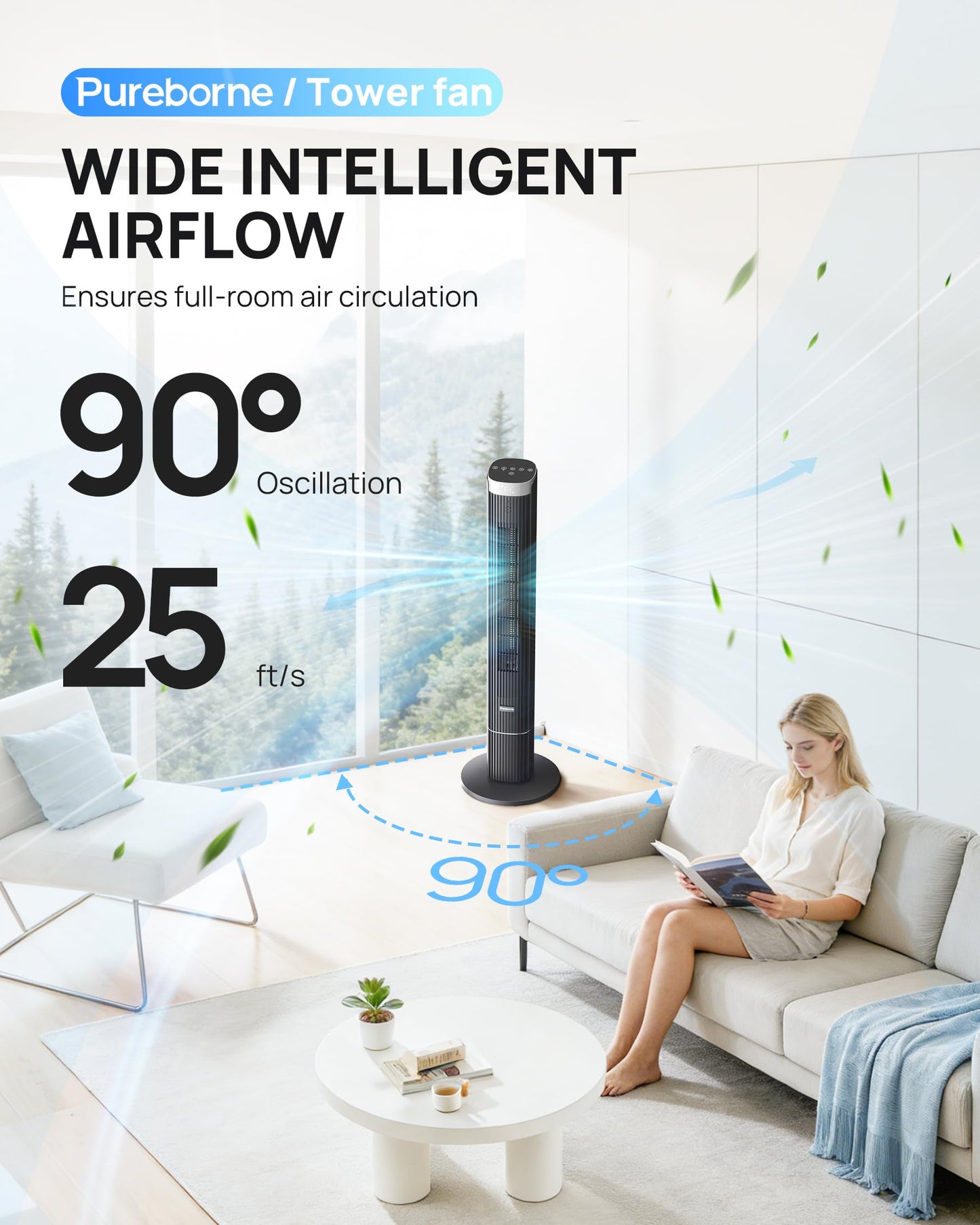 Pureborne 42” Tower Fan for Home Bedroom, WiFi, 25dB Ultra-Quiet, Black