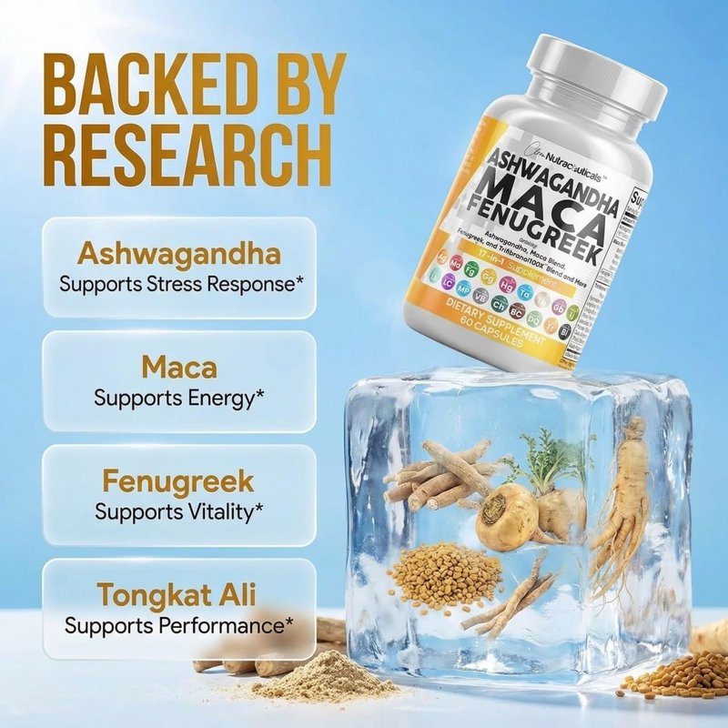Clean Nutraceuticals Ashwagandha Maca Root Fenugreek Supplement with Tongkat Ali Ginseng - Assists with Stress, Mood & Thyroid - Ashwagandha Capsules Fenugreek Caps - 1 Pack