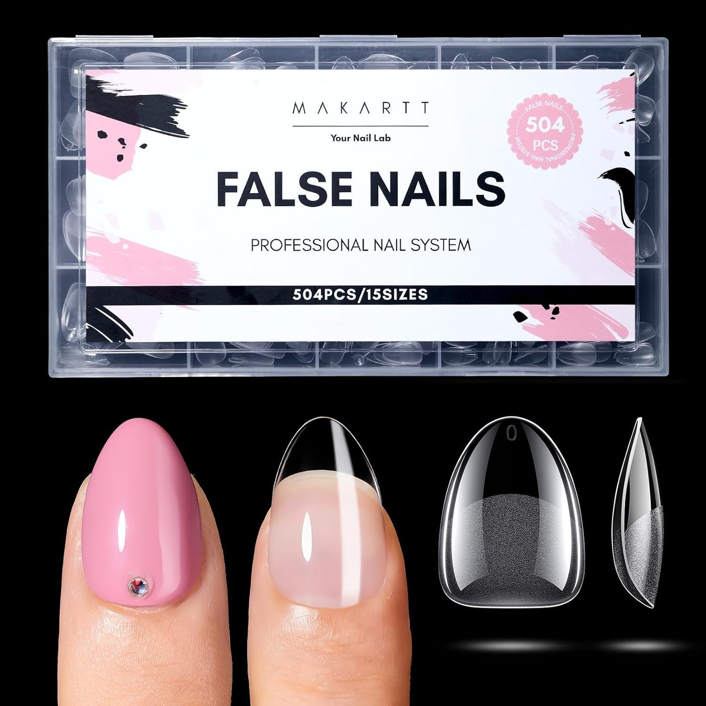 Coffin Nail Tips - 504 PCS Pre-Etched Clear Acrylic Full Cover | 15 Sizes for Salon & DIY Use