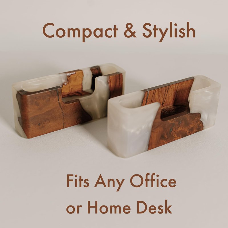 RWA Business Card Holder – Luxury Square Desk Organizer, Stylish Office Decor, Slim Card Holders - Wood & Epoxy Card Display Stand for Men and Women, Office Desk Accessories - SMART, platinum