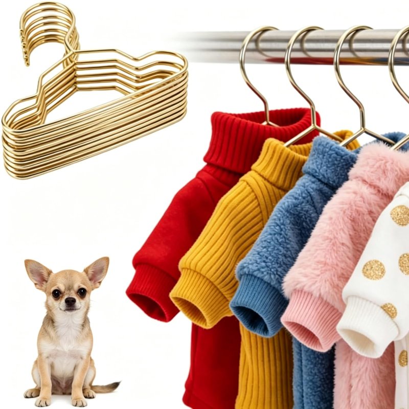 Didiseaon 10Pcs Small Dog Clothes Hangers Metal Pet Golden Mini Cat Hanger for Puppy Closet Storage, Windproof Heavy Duty Doll Garment Rack Accessories 5.9 X 4.33 Inches