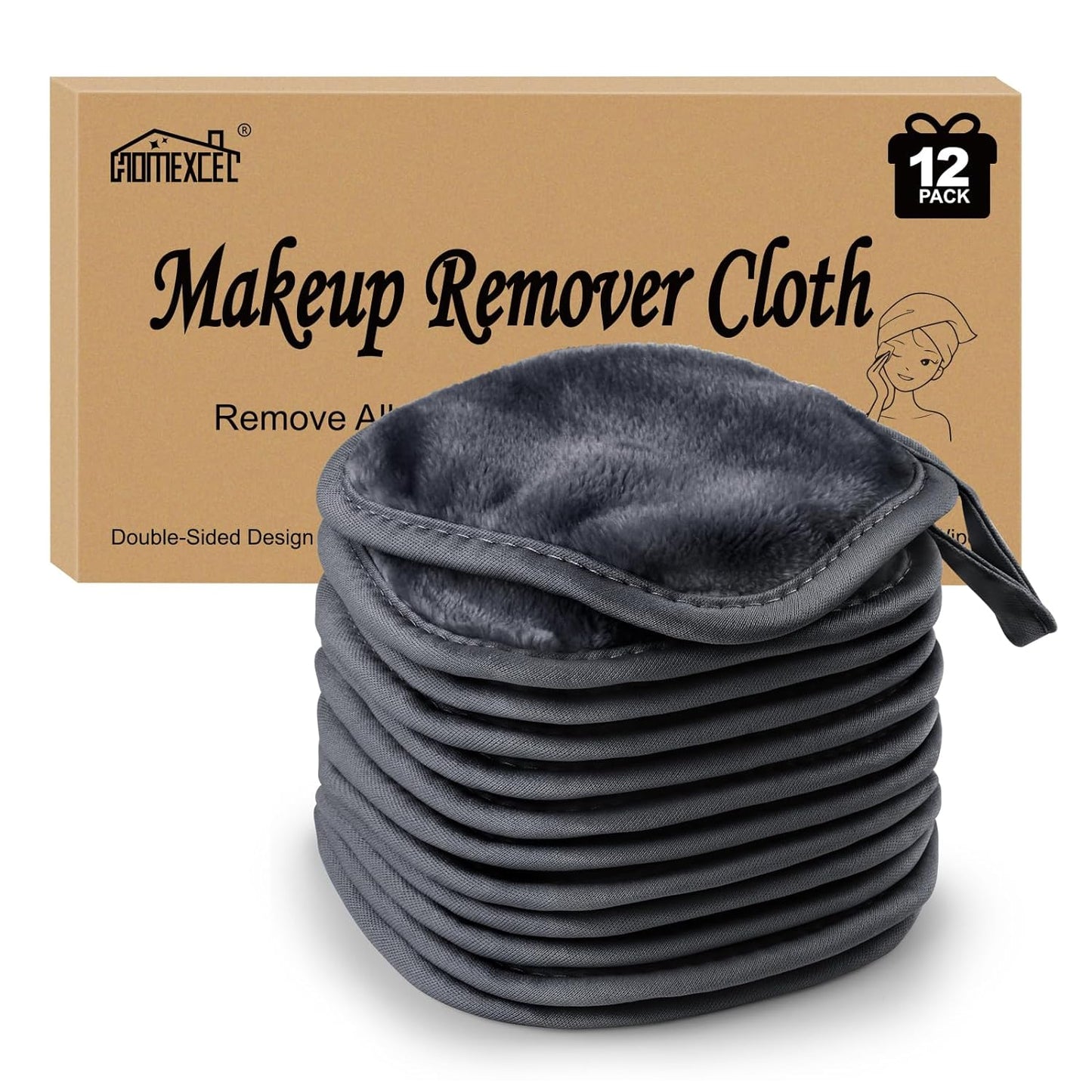 Makeup Remover Cloths - 12 Pack Reusable Ultra Soft Facial Cleansing Pads | 5x5 In, Grey