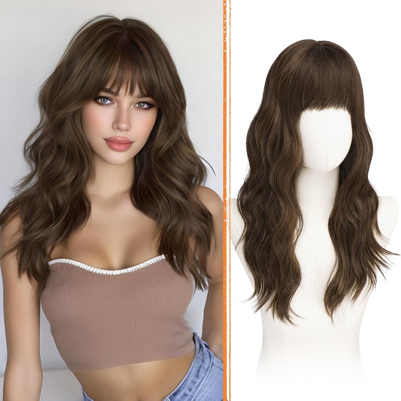 Brown Wigs with Bangs - 20 Inch Soft Wavy Synthetic Heat Resistant Hair Wig for Women | Natural Look, Brown with Highlights