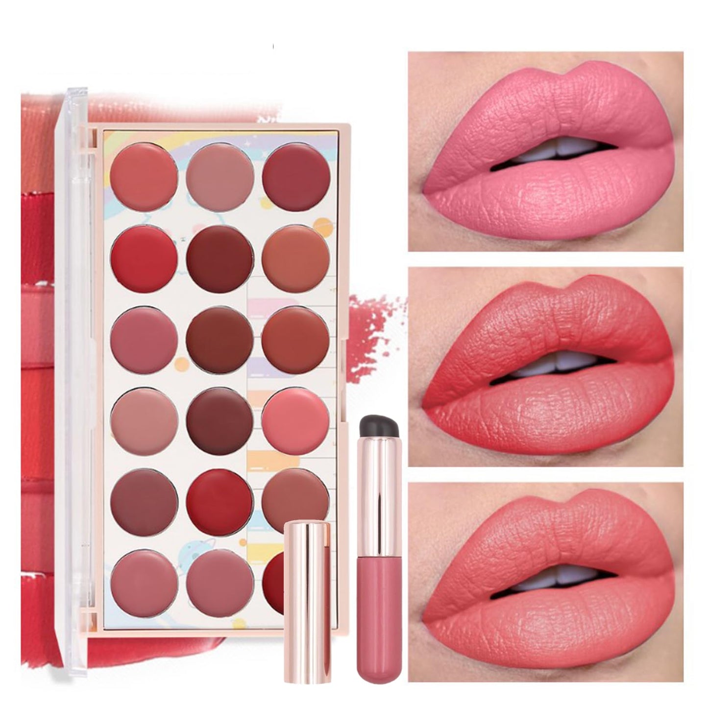 Joyeee Lip Gloss Palette, 18 Colors Dard Red Pink Nude Brown Lip Makeup Pallet Kit, Pro Women Lip Color Palette with Soft Silicon Brush, Lip Present Set for Teen Girl, Mum, Daughter, Friend, Sister