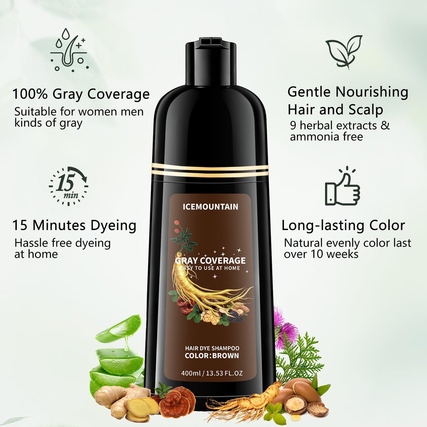 Brown Hair Dye Shampoo 3 in 1, 100% Instant Gray Hair Coverage Long-lasting Natural Herbal Ingredients Hair Color Shampoo for Women Men
