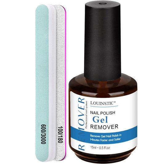 Gel Nail Polish Remover Kit - Fast, Gentle & Non-Damaging Formula | Includes Nail Files for At-Home Manicure (1PC/15ML)