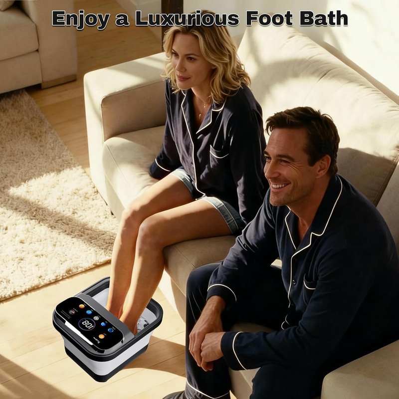 Electric Foot Spa with Touchscreen Display - Collapsible Heated Bath & Remote Control | 24 Shiatsu Massage Balls (Black)