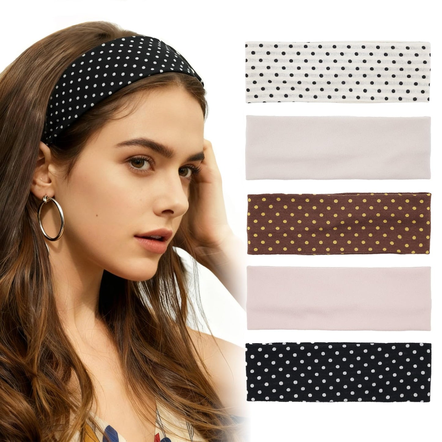 Aranya Vintage Polka Dot Headbands for Women 5pcs – Retro Soft Stretchy Fabric Hair Bands for Everyday Wear & Pin-up Fashion Outfits