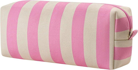 Striped Hair Tools Travel Bag - Corduroy Organizer for Hair Dryer & Flat Iron | Aesthetic Foldable Design (Pink & Beige)