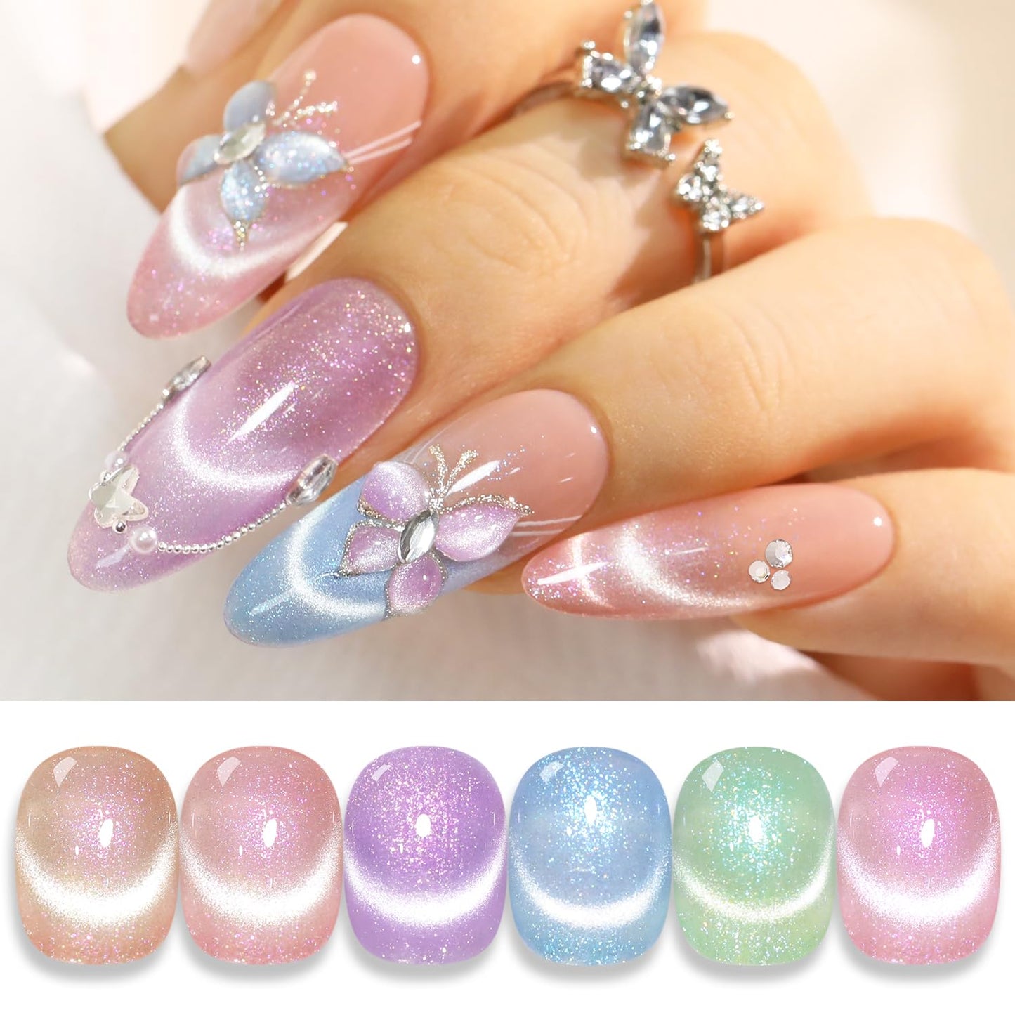 Cat Eye Gel Polish Set - 6 Shimmering Colors with Magnetic Holographic Effect | UV Nail Art Kit