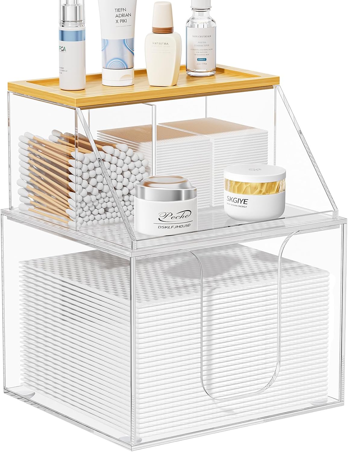 Acrylic Disposable Face Towel Holder - 2-Tier Organizer for Facial Towels & Cotton Pads | Clear with Bamboo Lid