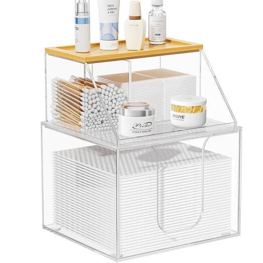 VITVITI Acrylic Disposable Face Towel Holder, 2 Tier Facial Towels Box for XL Clean Skin Club, Face Towels Wipes Container Cotton Pads Q-tip Holder for Bathroom Bamoo Lid, Clear