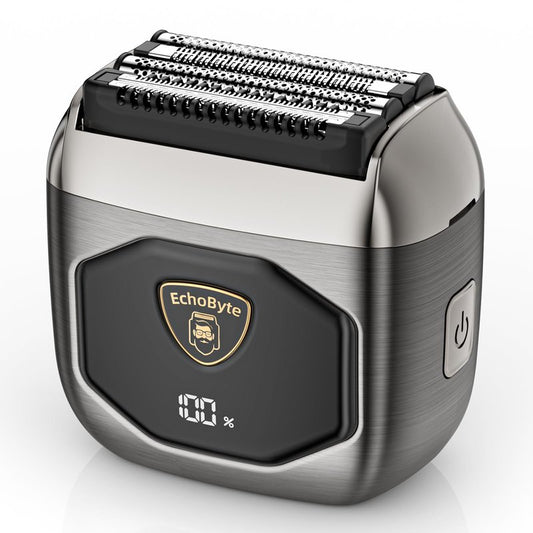 EchoByte Full Metal Electric Foil Shaver for Men: 4 Floating Blades, IPX7 Waterproof Wet & Dry Mini Razor, 120-Min Runtime USB-C Rechargeable, Quiet Travel Groomer with LED Display (Silver)
