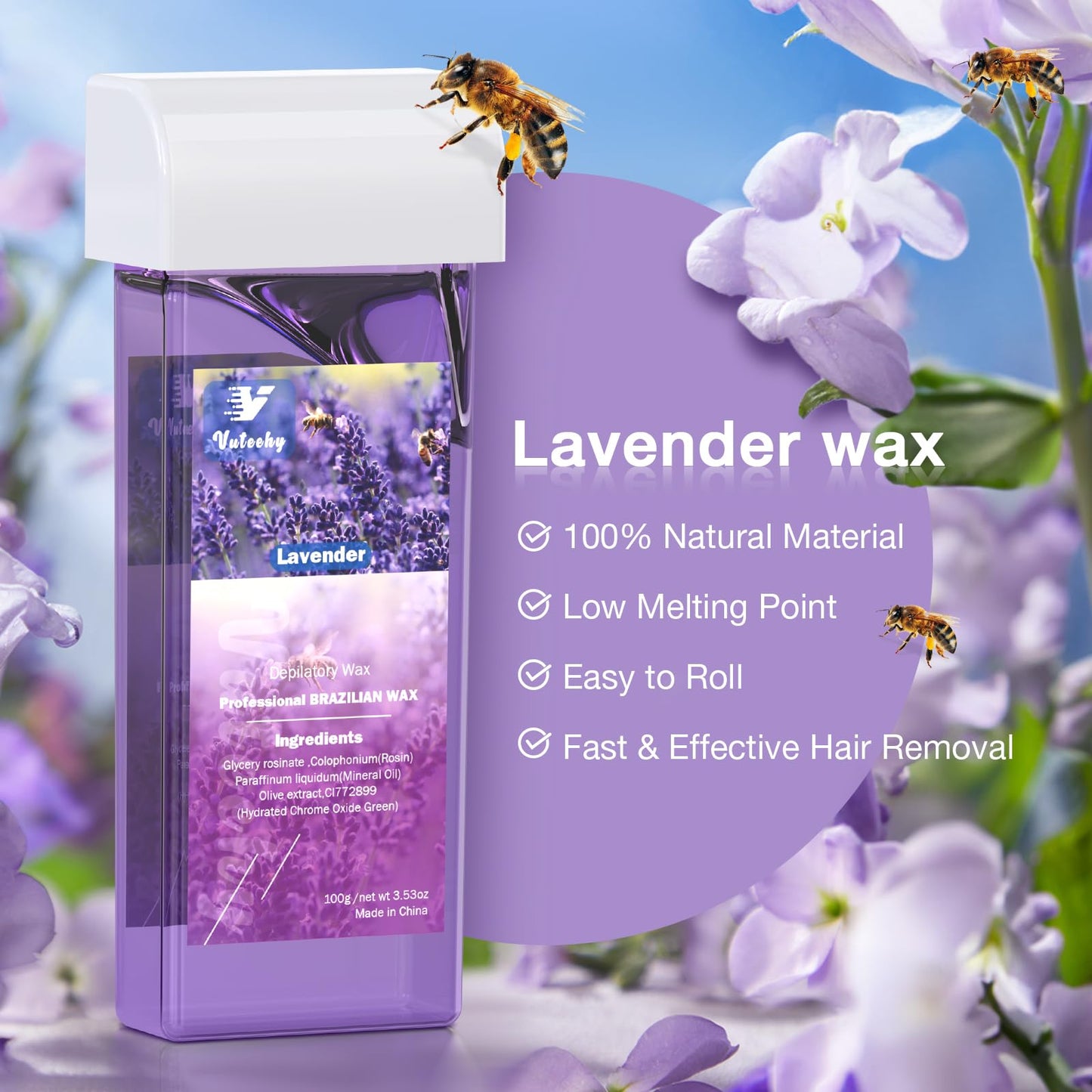Vuteehy Roll on Waxing Kit, Roll On Wax kit for Hair Removal At Home, Waxing Kit for Women Men, Soft Wax Heater for Larger Areas of the Body, with 2 Lavender Cartridges and 50 Strips