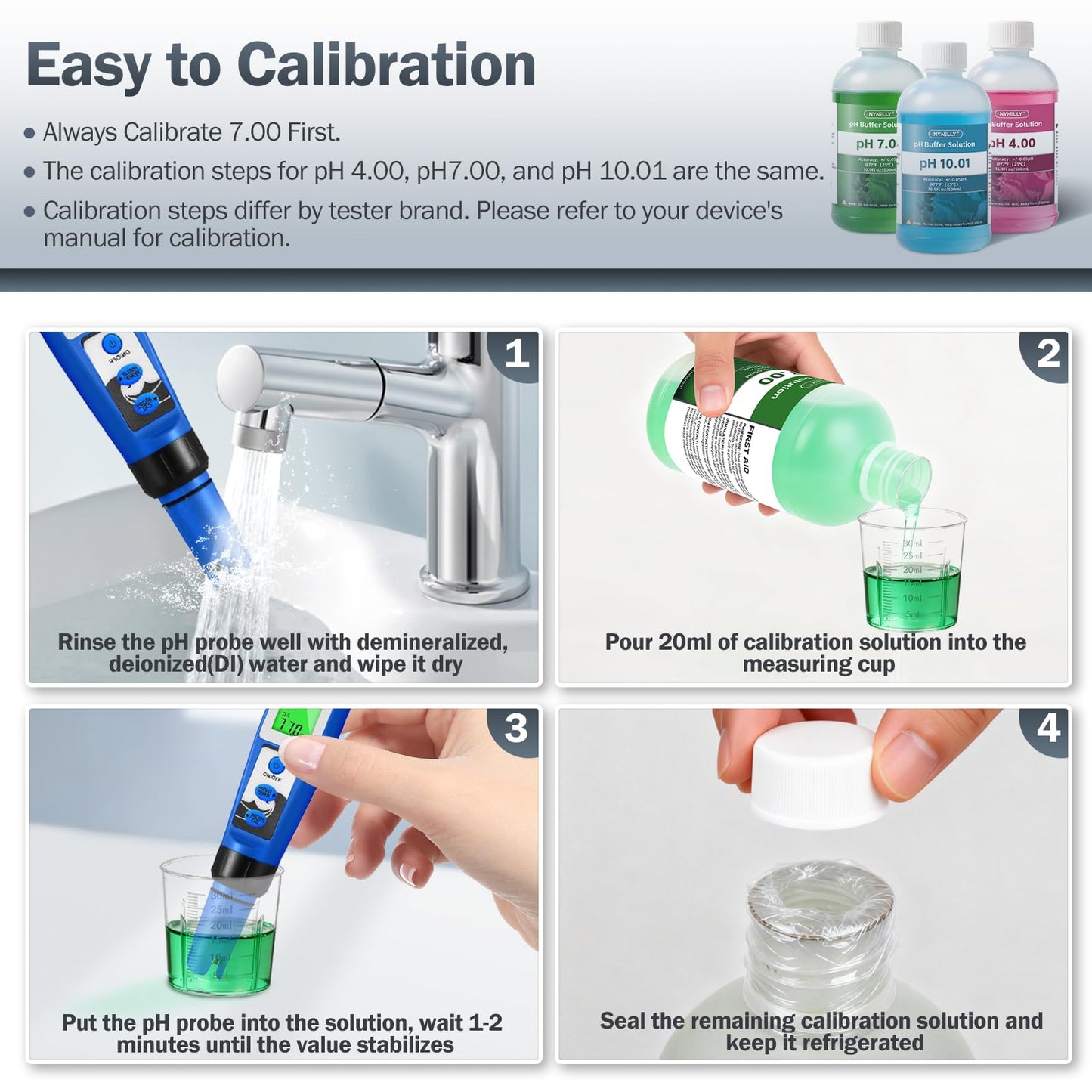 Nynelly pH Meter Calibration Buffer Solution Kit–4.00 7.00 10.01, Each 500ml(16.9fl oz) and 30ml KCL pH Probe Storage Solution for Precisely Calibrate pH Tester, 3 Beakers Included