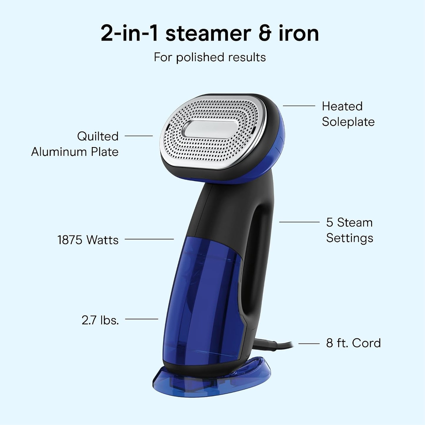 Conair 2-in-1 Handheld Steamer & Iron - Turbo ExtremeSteam 1875W | Versatile Vertical & Horizontal Steam Iron, Black/Blue, Model GS108