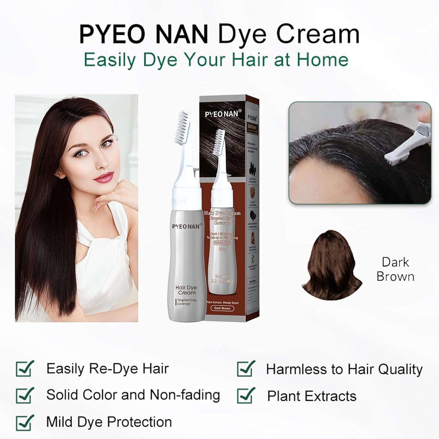 Unisex Hair Dye Cream - Natural Plant Extracts for Targeted Gray Coverage | 2-in-1 Dark Brown Haircare