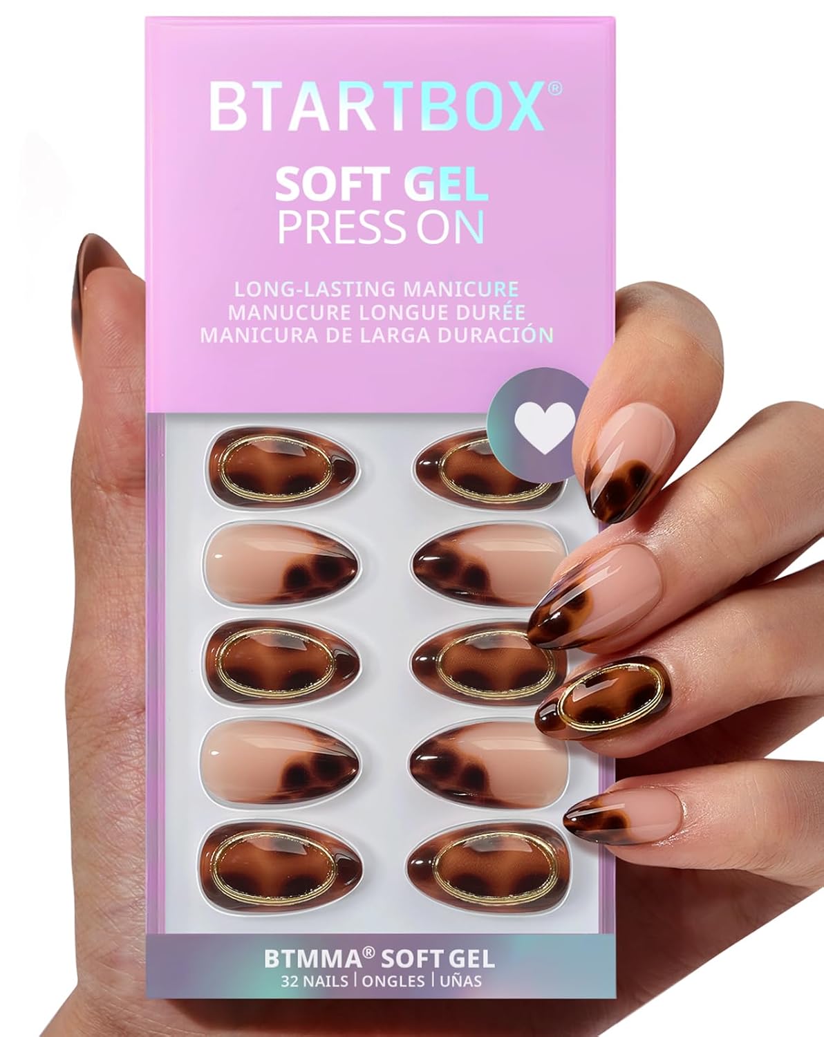 Short Almond Press On Nails - Aurora French Tip, 32 Piece Glue-On Nail Kit | Natural Look, 16 Sizes Available