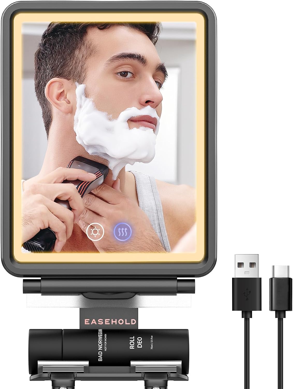 Fogless Shower Mirror for Shaving - Heated LED with 3 Color Lights | Adjustable Anti-Fog Holder & Storage Tray