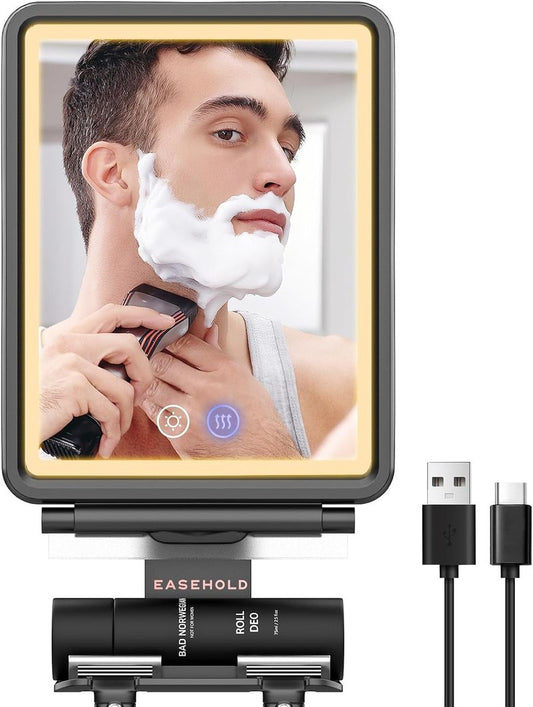 Fogless Shower Mirror for Shaving - Heated LED with 3 Color Lights | Adjustable Anti-Fog Holder & Storage Tray