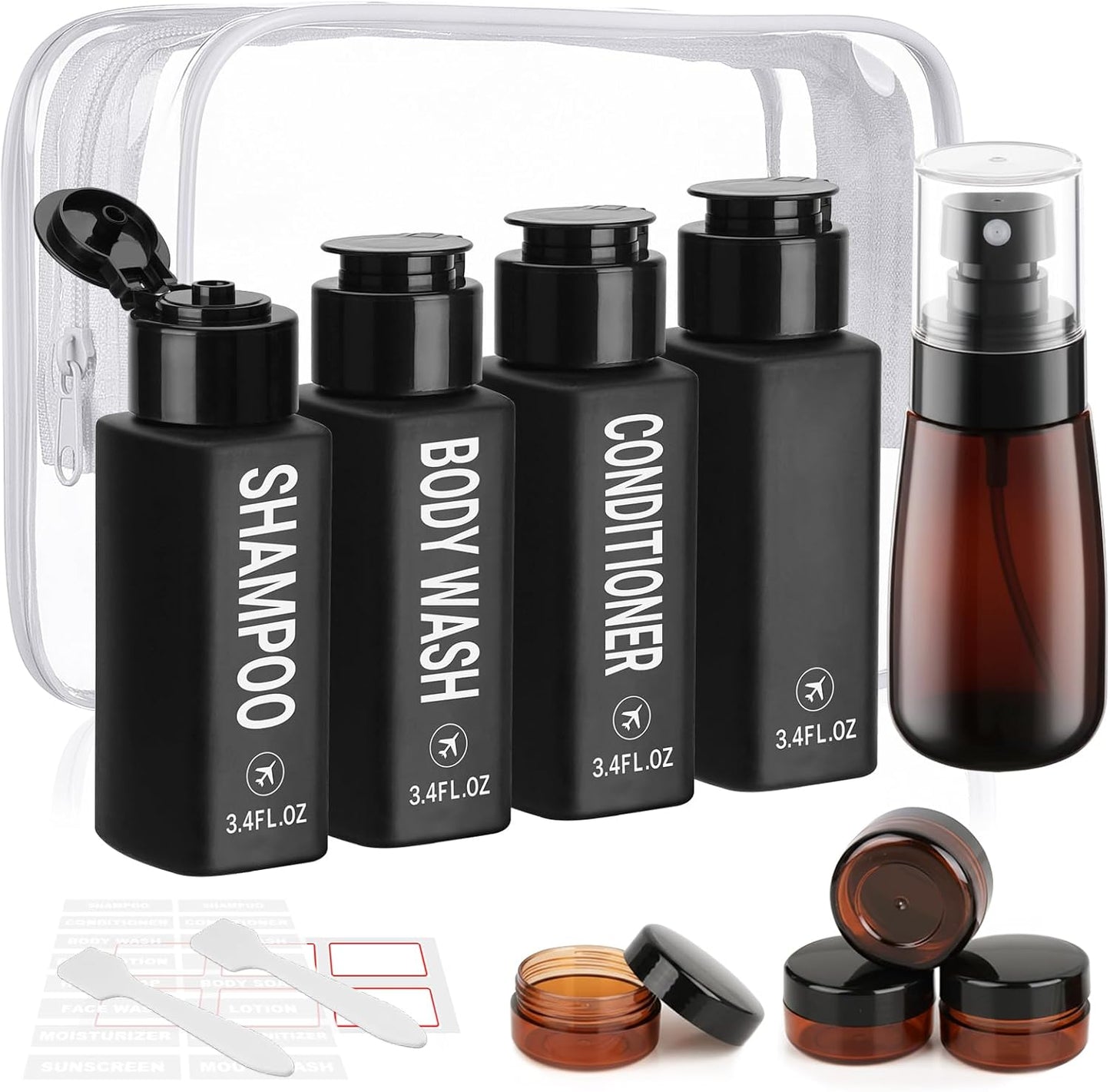 Travel Bottles for Toiletries - 14PCS TSA Approved Leak-Proof Containers | 3.4oz Shampoo, Conditioner, Body Wash, 2oz Spray Bottles, Black