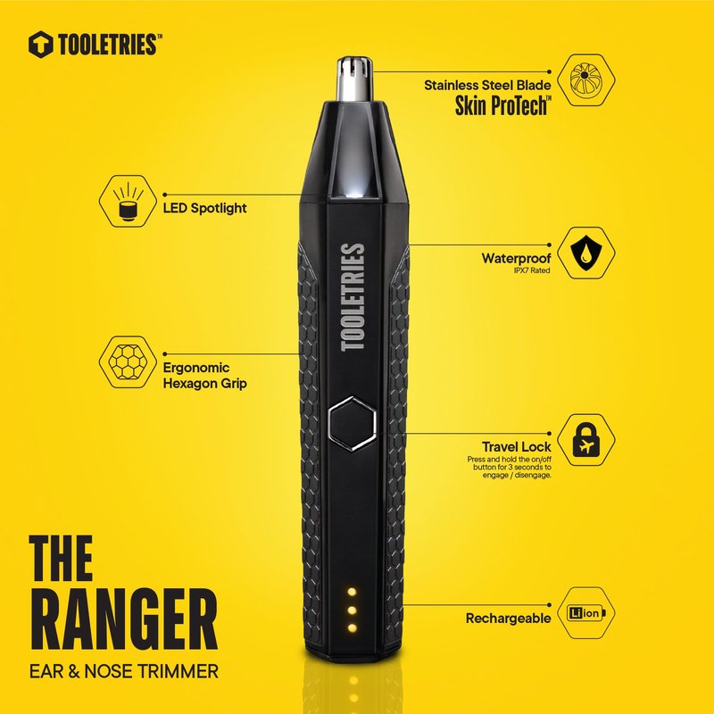 TOOLETRIES The Ranger - Electric Nose & Ear Hair Trimmer for Men, Wet/Dry Nose Clippers with Stainless Steel Blades, Waterproof, Rechargeable Li-Ion Battery, LED Spotlight, Travel Lock - Black
