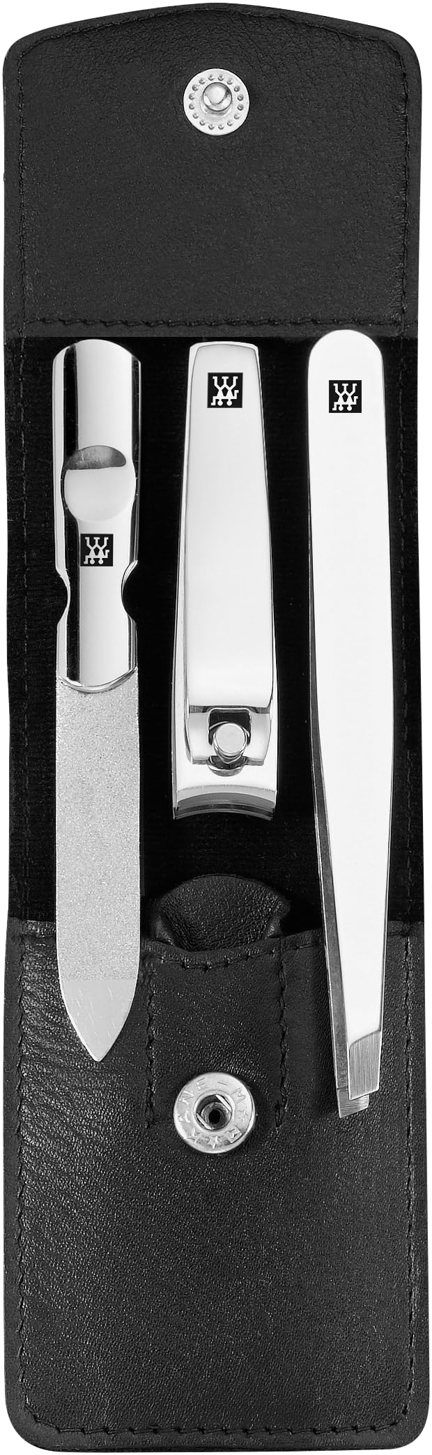 ZWILLING Beauty Classic INOX 4-pc Manicure and Tweezer Set with Black Leather Case, Nail Care Made of Genuine Leather with Push Button