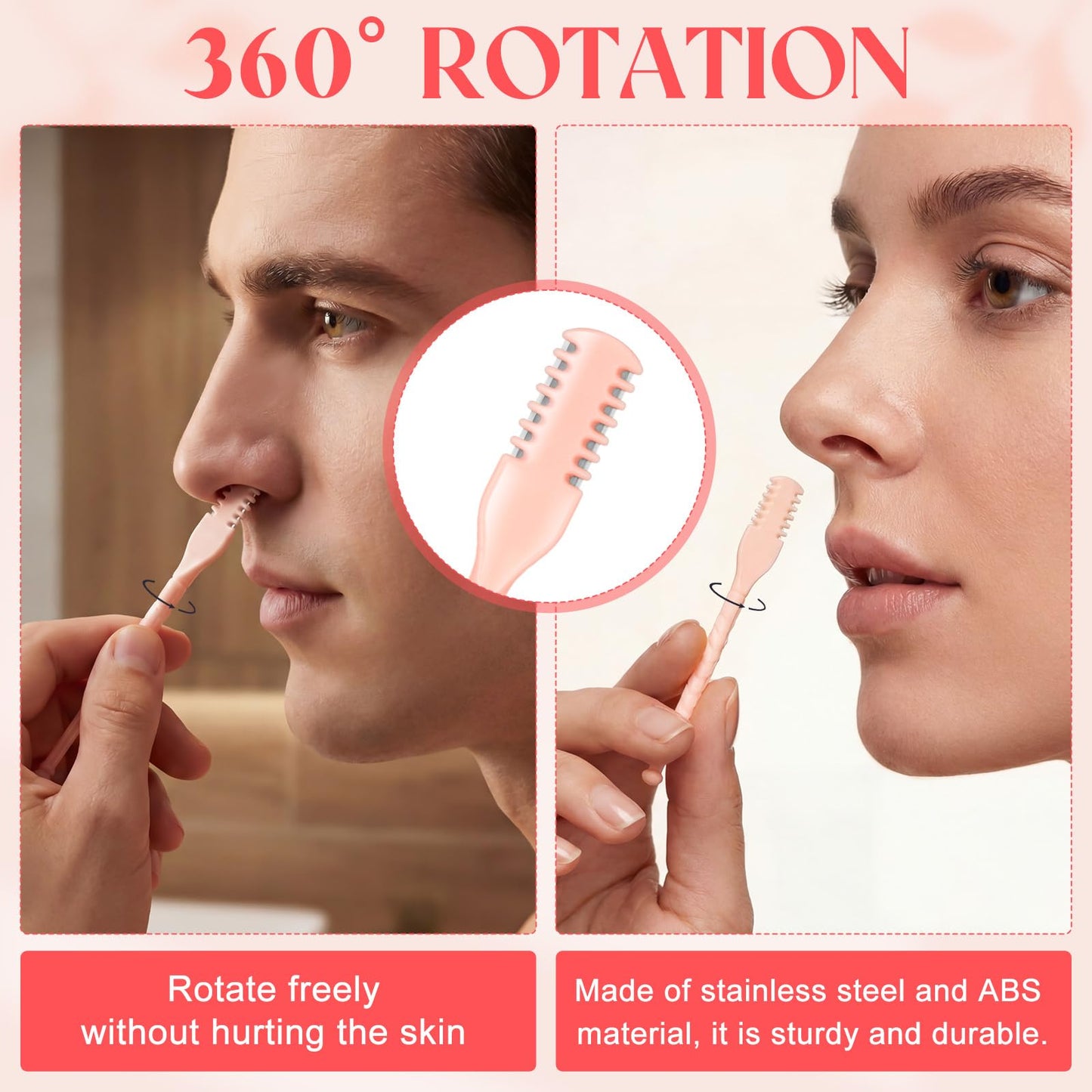 Lothee 50 Pcs Manual Nose Hair Trimmer, Nasal Hair Cutter Bulk for Women, Portable 360 Rotating Nose Hairs Remover Tools for Home, Travel and Beauty Salon, Velvet Storage Bag(Pink)